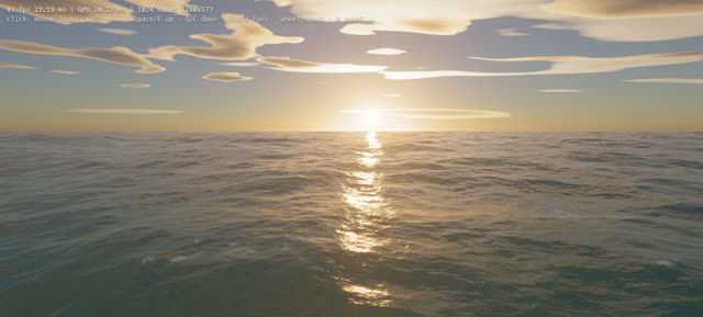 Headless Chrome screenshot of the WebGPU ocean after 12 seconds: a lit sea under a pale sky